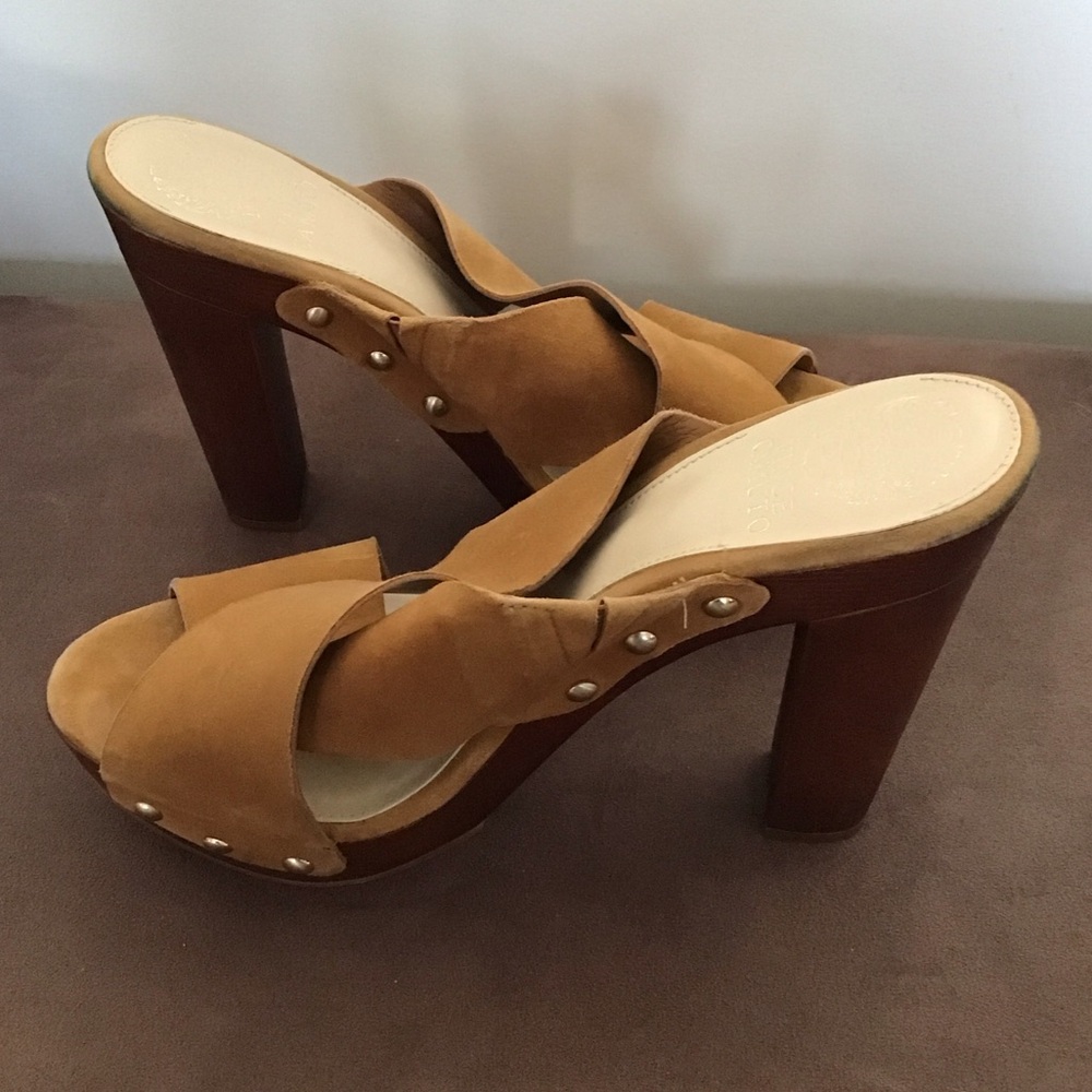 Vince Camuto Elora Camel High Heel Mules with Studs
